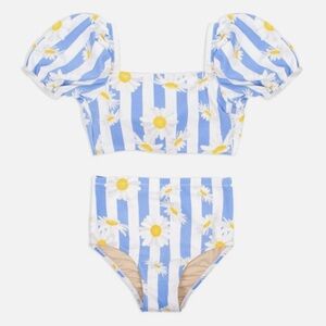 Shade Critters Blue White Daisy Stripe Puff Sleeve High Waist Bikini Girls 3T